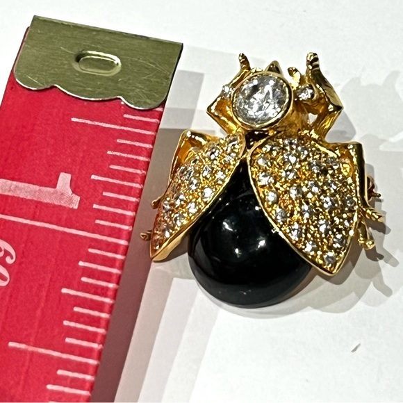 Seta Bug Pin/Brooch Black Cabochon Stone, Gold Tone with Clear Rhinestone - Picture 5 of 6